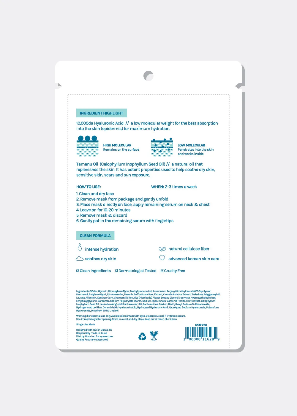 AOA Skin 10,000da Hyaluronic Acid   Tamanu Oil Sheet Mask