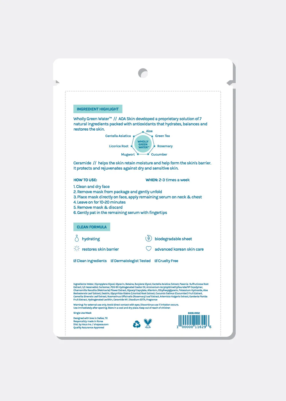 AOA Skin Wholly Green Water   Ceramide Sheet Mask